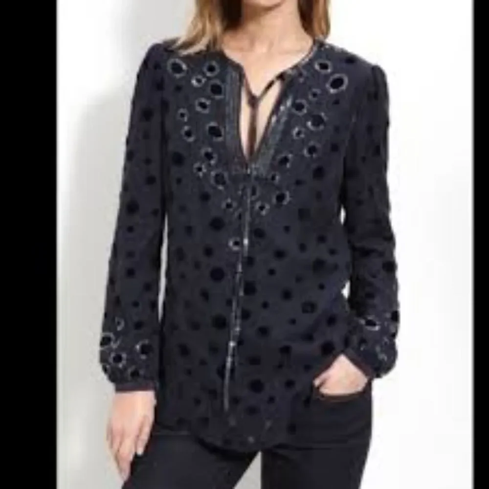 Tory Burch Angela Silk Velvet Dot Beaded Dark Navy Tunic Blouse Top Size 4